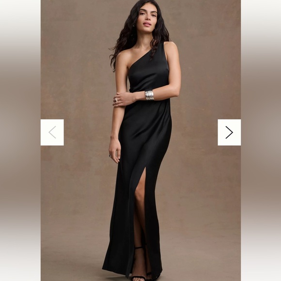 BHLDN Dylan One-Shoulder Satin Side-Slit Gown - black size 6 - Picture 2 of 4